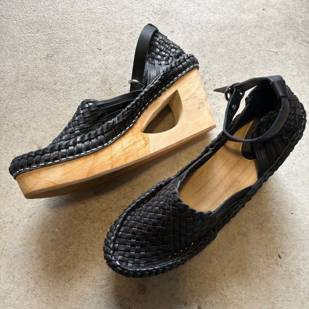 Free People Black Woven Leather Wooden Platform Mules